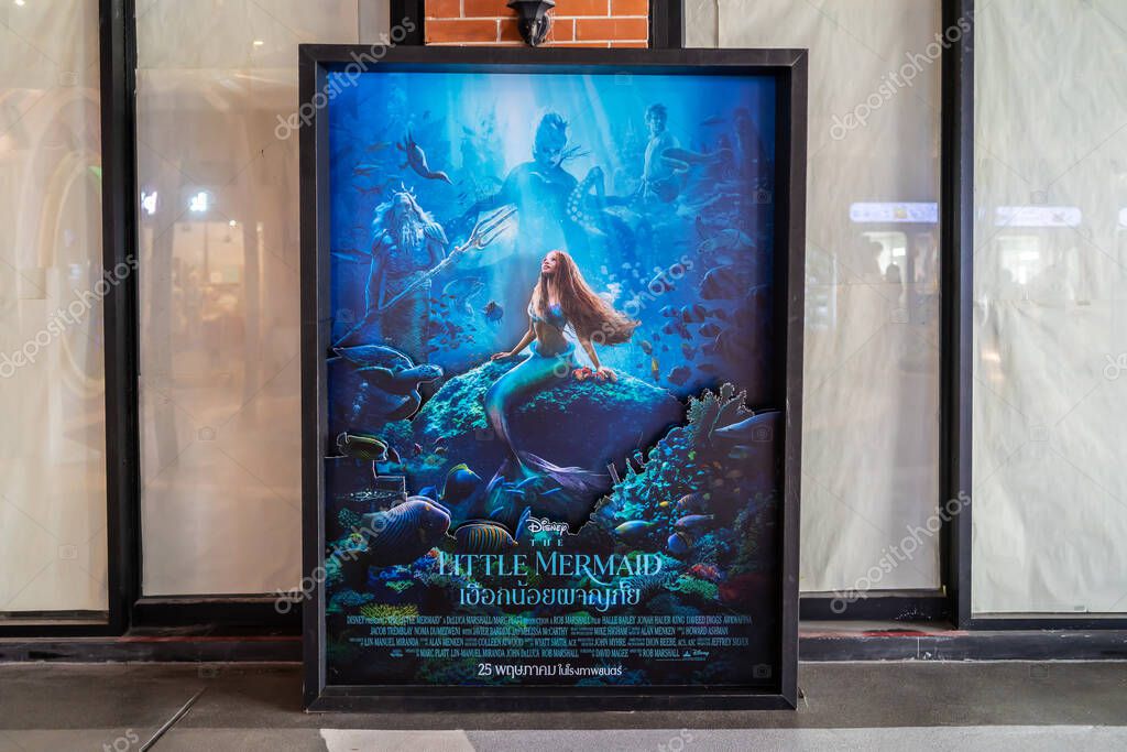 BANGKOK, THAILAND - 19 April, 2023 : A beautiful standee of a movie called The Little Mermaid Display at the cinema to promote the movie, Little Mermaid movie character made by Disney