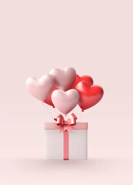 Gift Box Open Balloon Heart Floating Pink Background Love Valentine — Stock Vector
