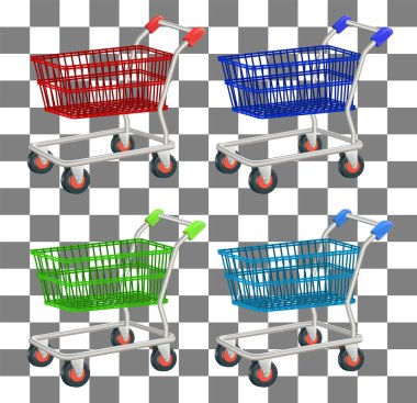 Alışveriş arabası arka planda dört renk. 3d illüstrasyon Vektörü, indirim sat, Öngörünüm