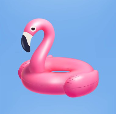 Arka planda 3 boyutlu gerçekçi pembe flamingo yüzme yüzüğü su ve sahil için şişirilebilir lastik oyuncak ya da yolculuk güvenliği için izole edilmiş yüzme halkası.