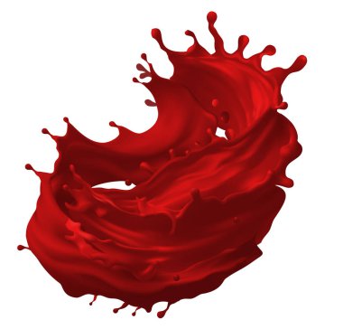 Red paint splashing isolated on white background. 3d rendering. red liquid tomato juice, vector realistic isolated 3d. Red fruit flow or tomato ketchup splash