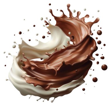 Milk and chocolate splash swirls and flow. Realistic vector background with cocoa and milky waves with drops. Vector illustration isolated on white background.
