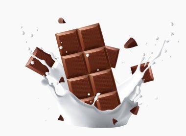 Süt sıçratma ve ortaya çikolata sıçratma arka planda izole edilmiş, 3 boyutlu resimde Vektör gerçekçiliği. Gıda konseptleri. Gradyan ağ.