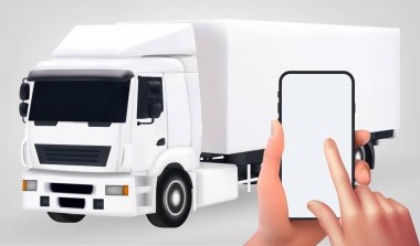 İllüstrasyon: Bir adamın elindeki akıllı telefonu taklit et. Kamyonların arka planında, 3d vektör Gradyan Ağ