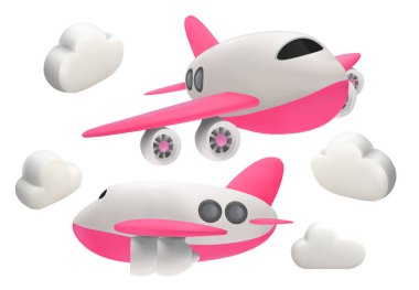 Beyaz arkaplanda izole edilmiş pembe kanatlı şirin çizgi film stili ticari uçaklar seti, 3 boyutlu vektör eğimli wes.