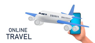  Üç boyutlu vektör uçakları akıllı telefon ekranından kalkıyor. Bilet rezervasyonu başvurusu stok illüstrasyon çevrimiçi seyahat. , Ağ gradyan wes