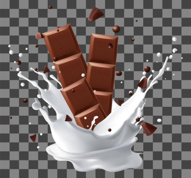 Süt sıçratan çikolata ve çikolatalı çikolata arka planda izole edilmiş, 3 boyutlu resimde Vektör gerçekçiliği. Yiyecek.