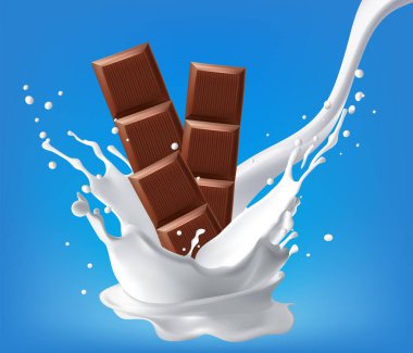 Süt sıçratan çikolata ve çikolatalı çikolata arka planda izole edilmiş, 3 boyutlu resimde Vektör gerçekçiliği. Yiyecek.