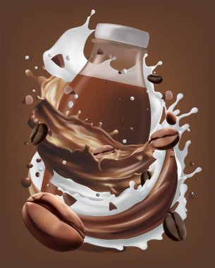 Arka planda izole edilmiş sütlü kahve lekesi, 3 boyutlu resimde Vektör gerçekçiliği. Kahve çekirdeği. Gerçekçi 3d tohumları