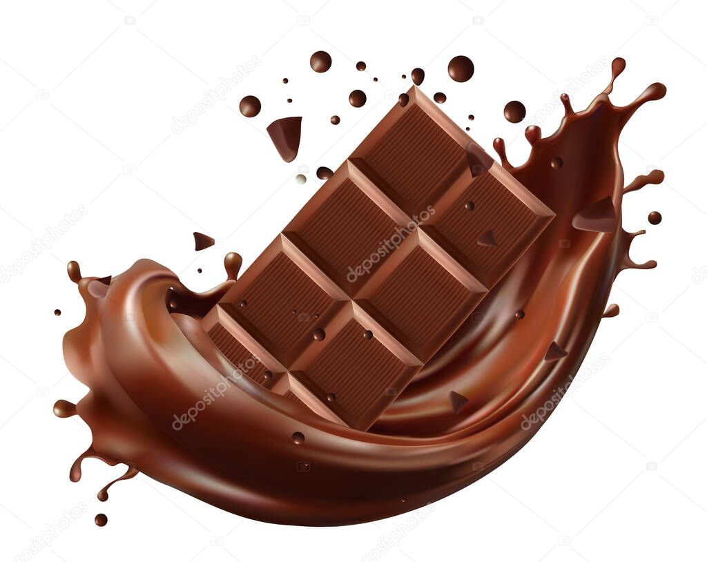 Dark chocolate bar with chocolate cream splashing, 3d iReady to use for your design, presentation, promo, ad. Mesh gradient wes used