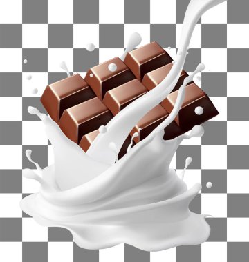 Çikolata, arka planda arka planda izole edilmiş süt damlaları halinde döner. Vektör çizimi. Gradyan Ağ