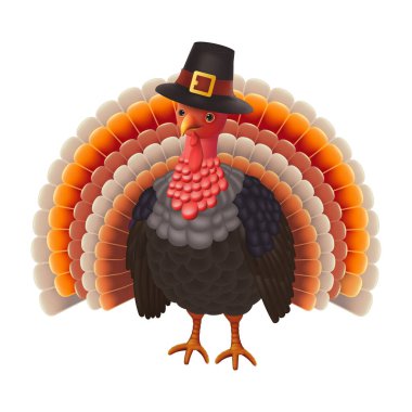 Şükran Günü afişi. Gerçekçi 3 boyutlu hindi ve turuncu kabaklı hacı şapkası, web sitesi için başlık tasarım için modern afiş. Vektör illüstrasyonu.