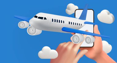 Airplane flying in clouds for travel. blue background for summer travel advertising design . Realistic 3d design of Travel concept in cartoon minimal style clipart