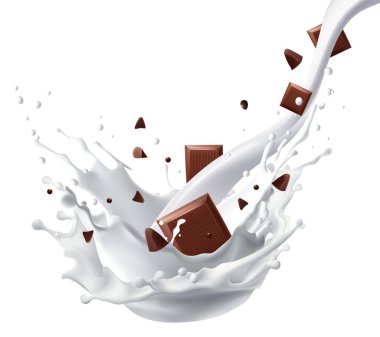 Sütlü çikolata beyaz arka planda gerçekçi ağ gradyan yosunlarına sıçrar.