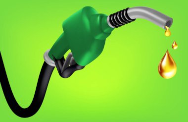 Yakıt istasyonunun yeşil arka planında benzin enjektörü pompası, Hortum dizel petrol şirketinin ekonomisine sahip benzin tabancası gerçekçi petrol damlası 