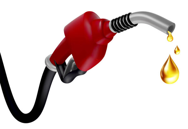 Бензиновый инжекторный бензиновый насос на белом фоне заправки, бензиновый пистолет с ручкой дизельного топлива компании экономики Реалистичное падение масла 