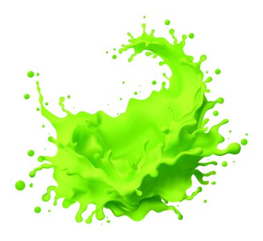 Sıvı yeşil limon suyu 3D vektör sıçratır. Kremalı dalga yoğurt paketleme şablonu. Gerçekçi organik ürün.