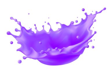 Beyaz arka planda şeffaf mor sıvı sıçraması. 3D illüstrasyon, Üzüm Suyu, Gradyan Ağ Kesme Yolu