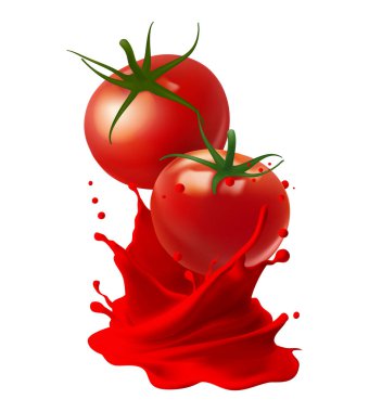 Kırmızı meyve suyu damlalarıyla domates ketçapı sıçraması, vektör gıda çeşnisi veya baharat. Meyve suyu, domates ezmesi, ketçap, sos. 3d Görünüm Gradyan Ağ