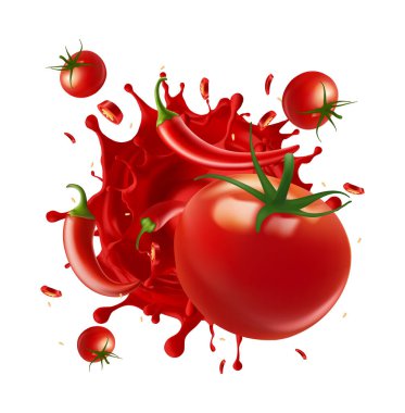 İzole edilmiş domates suyu, domates ezmesi, ketçap ve soslu güzel kırmızı acı biber sosu. 3d İllüstrasyon Gradyan Mes