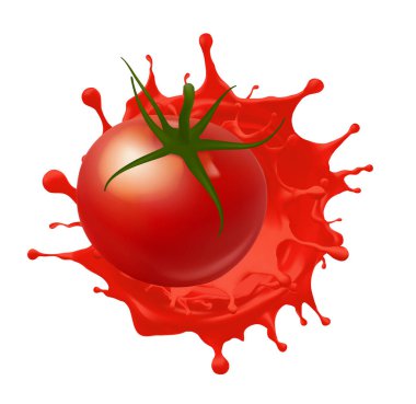 Kırmızı meyve suyu damlalarıyla domates ketçapı sıçraması, vektör gıda çeşnisi veya baharat. Meyve suyu, domates ezmesi, ketçap, sos. 3d Görünüm Gradyan Ağ