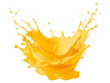 Portakal suyu sıçrayan nokta gerçekçi vektör çizimi. Organik içecek. Sağlıklı içecek su sıçratır meyve suyu, portakal suyu. Gerçekçi ağ gradyanı kullanılır.