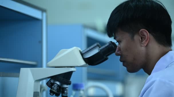 Scienziato Asiatico Che Lavora Laboratorio Medico Maschio Usa Microscopio Trovare — Video Stock