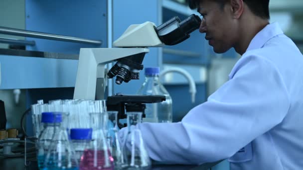 아시아 과학자들 실험실에서 일하고 있으며 의사는 현미경을 사용하여 사람들 실험실에서 — 비디오