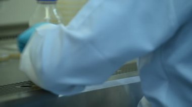 Bilim adamı deneyden önce sallama makinesiyle kimyasalları karıştırdı. Test tüplerine numunelerle karıştırılmış Tayland bilim adamı laboratuarda çalışıyor.