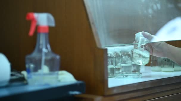 Wissenschaftler Mischen Chemikalien Mit Der Schüttelmaschine Vor Dem Experiment Mischung — Stockvideo
