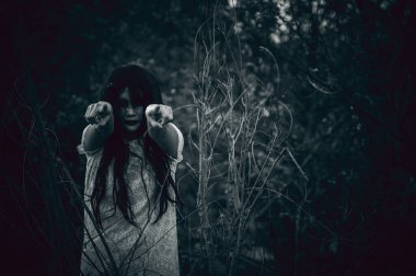 Bataklıktaki Asyalı kadın portresi, su sahnesindeki korku, nehirdeki korku, Tayland 'daki Cadılar Bayramı posteri.