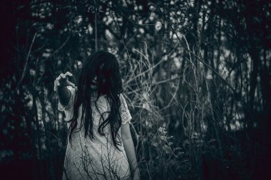 Bataklıktaki Asyalı kadın portresi, su sahnesindeki korku, nehirdeki korku, Tayland 'daki Cadılar Bayramı posteri.