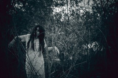 Bataklıktaki Asyalı kadın portresi, su sahnesindeki korku, nehirdeki korku, Tayland 'daki Cadılar Bayramı posteri.