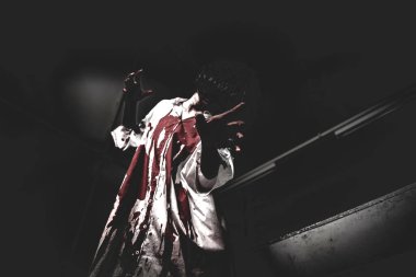 Asyalı kadın portresi hayalet yüzü, korku sahnesi, korkunç arka plan, Cadılar Bayramı posteri.