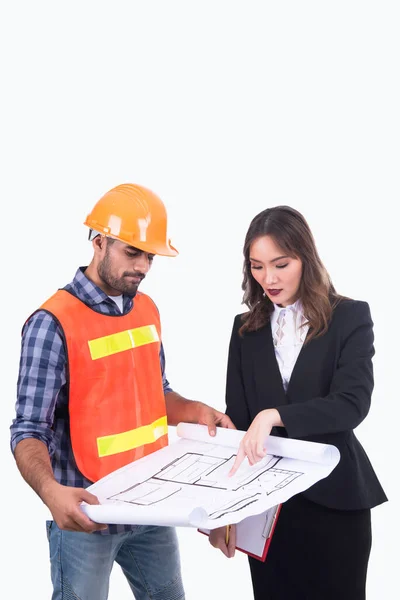 Asian engineer and business woman point finger up on white background,Thailand people,Point for looking building