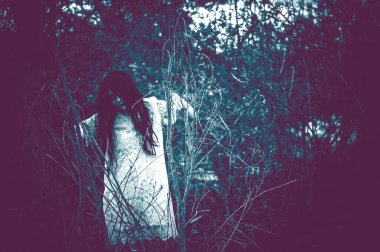 Bataklıktaki Asyalı kadın portresi, su sahnesindeki korku, nehirdeki korku, Tayland 'daki Cadılar Bayramı posteri.