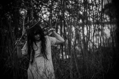 Bataklıktaki Asyalı kadın portresi, su sahnesindeki korku, nehirdeki korku, Tayland 'daki Cadılar Bayramı posteri.