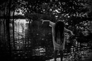 Bataklıktaki Asyalı kadın portresi, su sahnesindeki korku, nehirdeki korku, Tayland 'daki Cadılar Bayramı posteri.