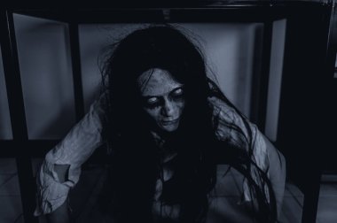 Asyalı kadın makyajı hayaleti, arka plan korku sahnesi, Cadılar Bayramı festivali konsepti, hayalet filmleri afişi, dairede kızgın ruh.