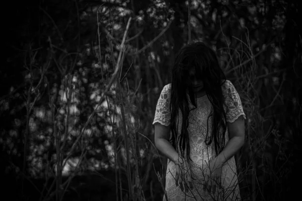 Portrait Asian Woman Make Ghost Face Swamp Horror Water Scene — Photo