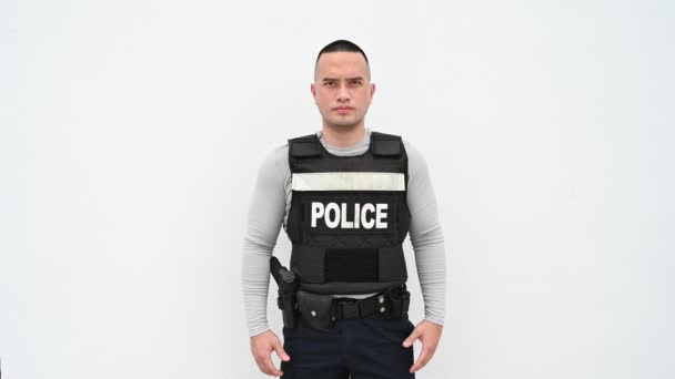 Portrait Police Hold Gun Hand White Background Handsome Asian Cop — Stok video