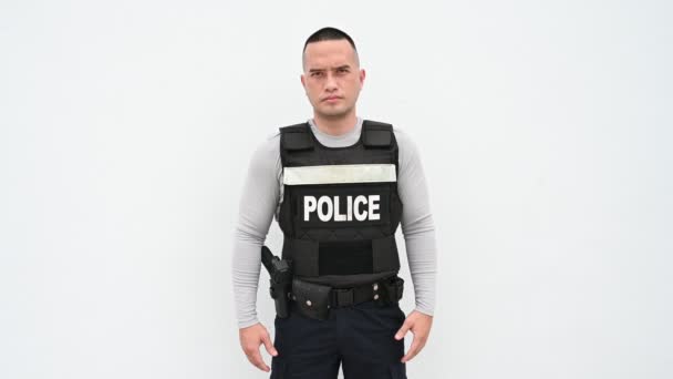 Portrait Police Hold Gun Hand White Background Handsome Asian Cop — Wideo stockowe
