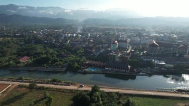 View from drone on Vangvieng city of Laos. The city is a famous tourist destination, with many natural activities.