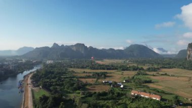 View from drone on Vangvieng city of Laos. The city is a famous tourist destination, with many natural activities.