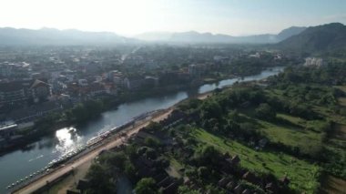View from drone on Vangvieng city of Laos. The city is a famous tourist destination, with many natural activities.