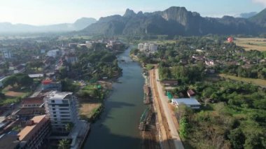 View from drone on Vangvieng city of Laos. The city is a famous tourist destination, with many natural activities.