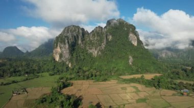 View from drone on Vangvieng city of Laos. The city is a famous tourist destination, with many natural activities.