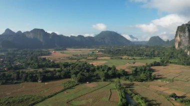 View from drone on Vangvieng city of Laos. The city is a famous tourist destination, with many natural activities.