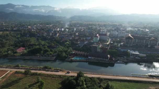 View Drone Vangvieng City Laos City Famous Tourist Destination Many — Vídeo de Stock
