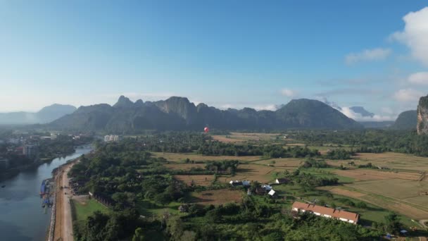 View Drone Vangvieng City Laos City Famous Tourist Destination Many — Stock Video